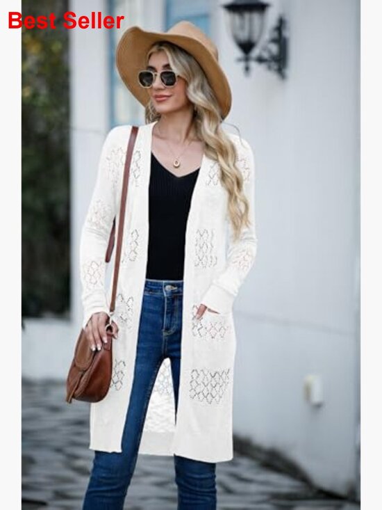 Lightweight Crochet Open-Front Cardigan Sweater with Pockets - Picture 4 of 7